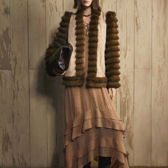 Khaki Casual Women's Quilted Fluffy Coat with Fake Fur - Picture 5 of 9